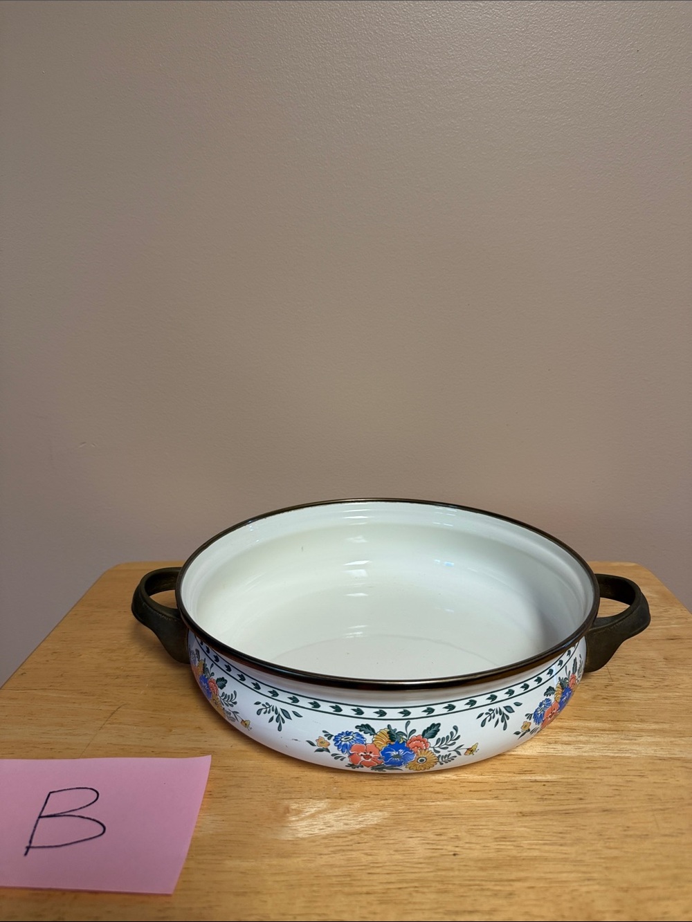 Vintage Cream Floral Enamel Serving Pan with Handles